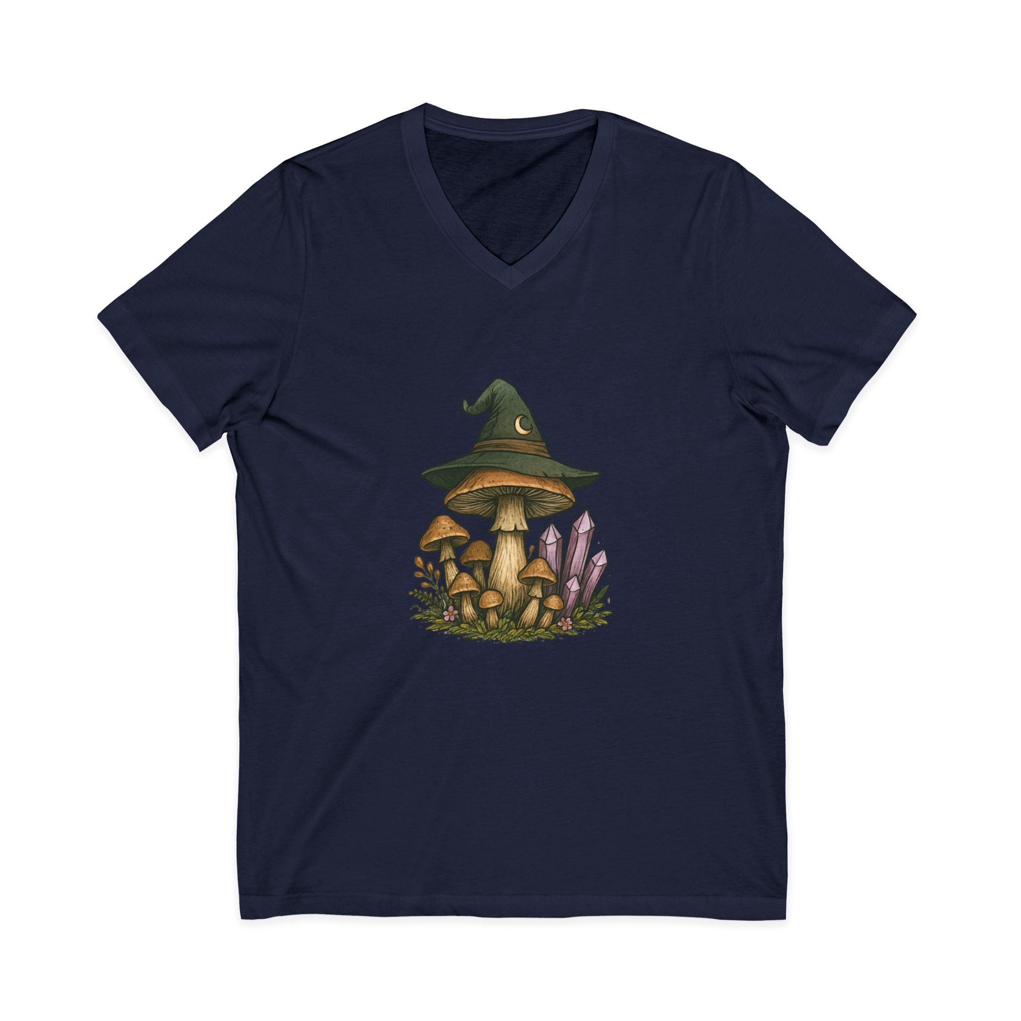 Mystical Mushroom Hat V-Neck Tee | Quirky Nature Shirt, Gifts for Nature Lovers, Eco-Friendly Fashion, Casual Everyday Wear, Boho Style Top