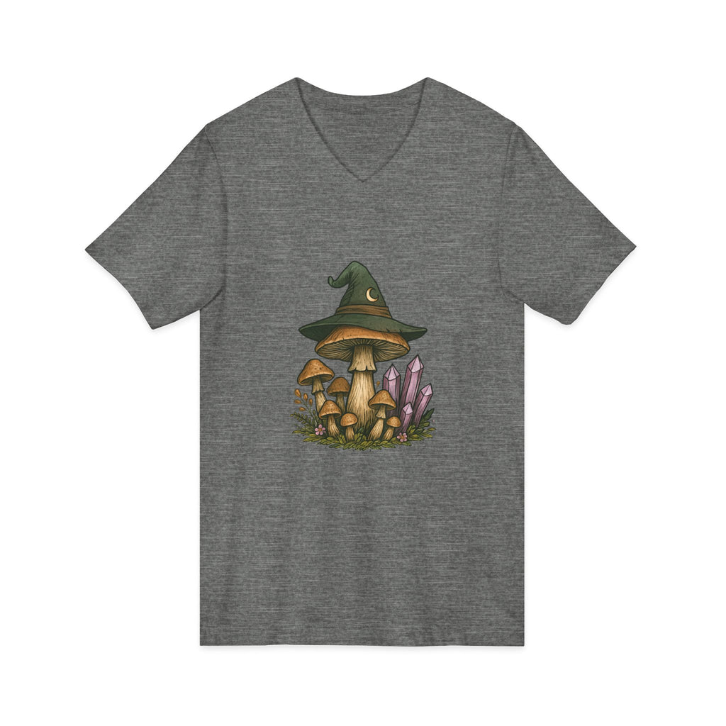Mystical Mushroom Hat V-Neck Tee | Quirky Nature Shirt, Gifts for Nature Lovers, Eco-Friendly Fashion, Casual Everyday Wear, Boho Style Top