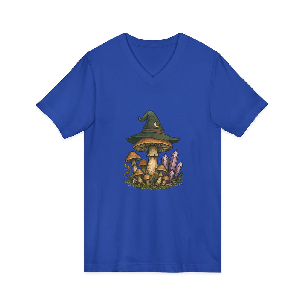 Mystical Mushroom Hat V-Neck Tee | Quirky Nature Shirt, Gifts for Nature Lovers, Eco-Friendly Fashion, Casual Everyday Wear, Boho Style Top