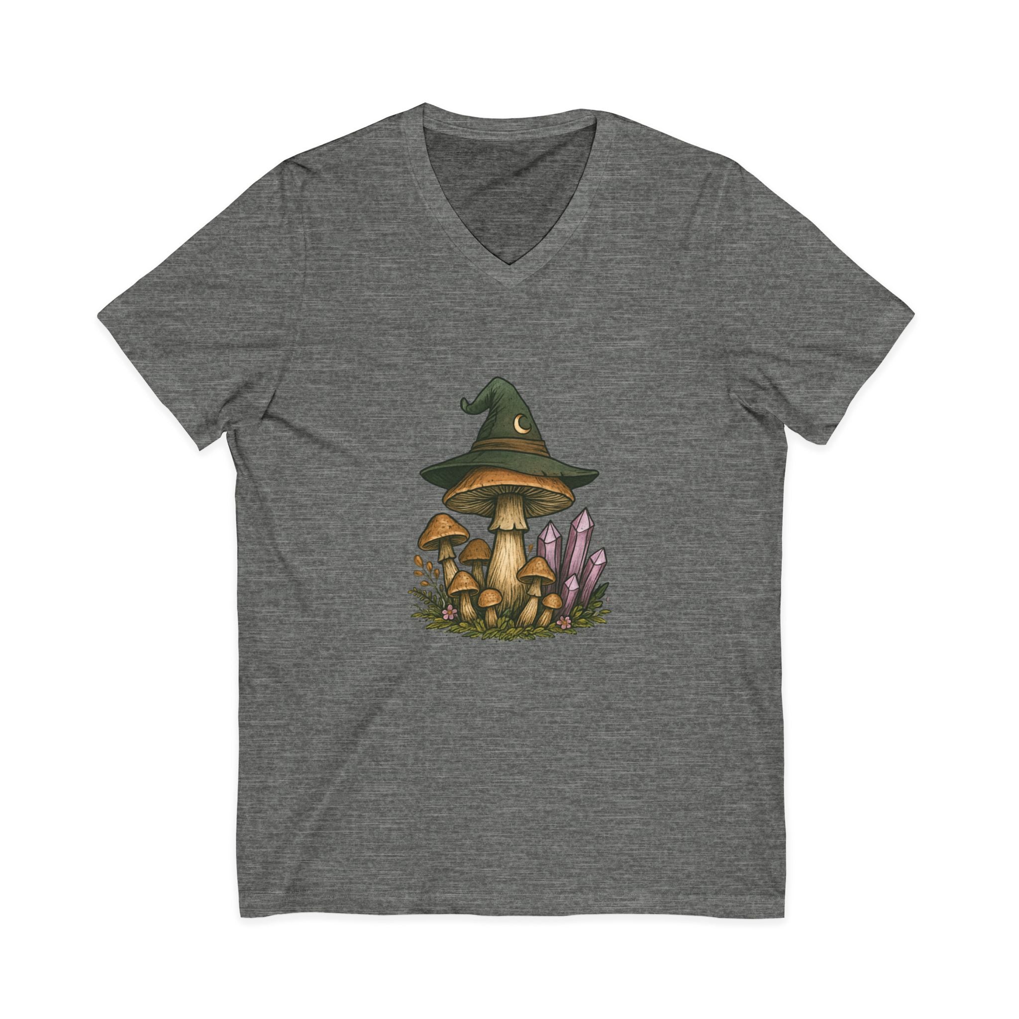 Mystical Mushroom Hat V-Neck Tee | Quirky Nature Shirt, Gifts for Nature Lovers, Eco-Friendly Fashion, Casual Everyday Wear, Boho Style Top