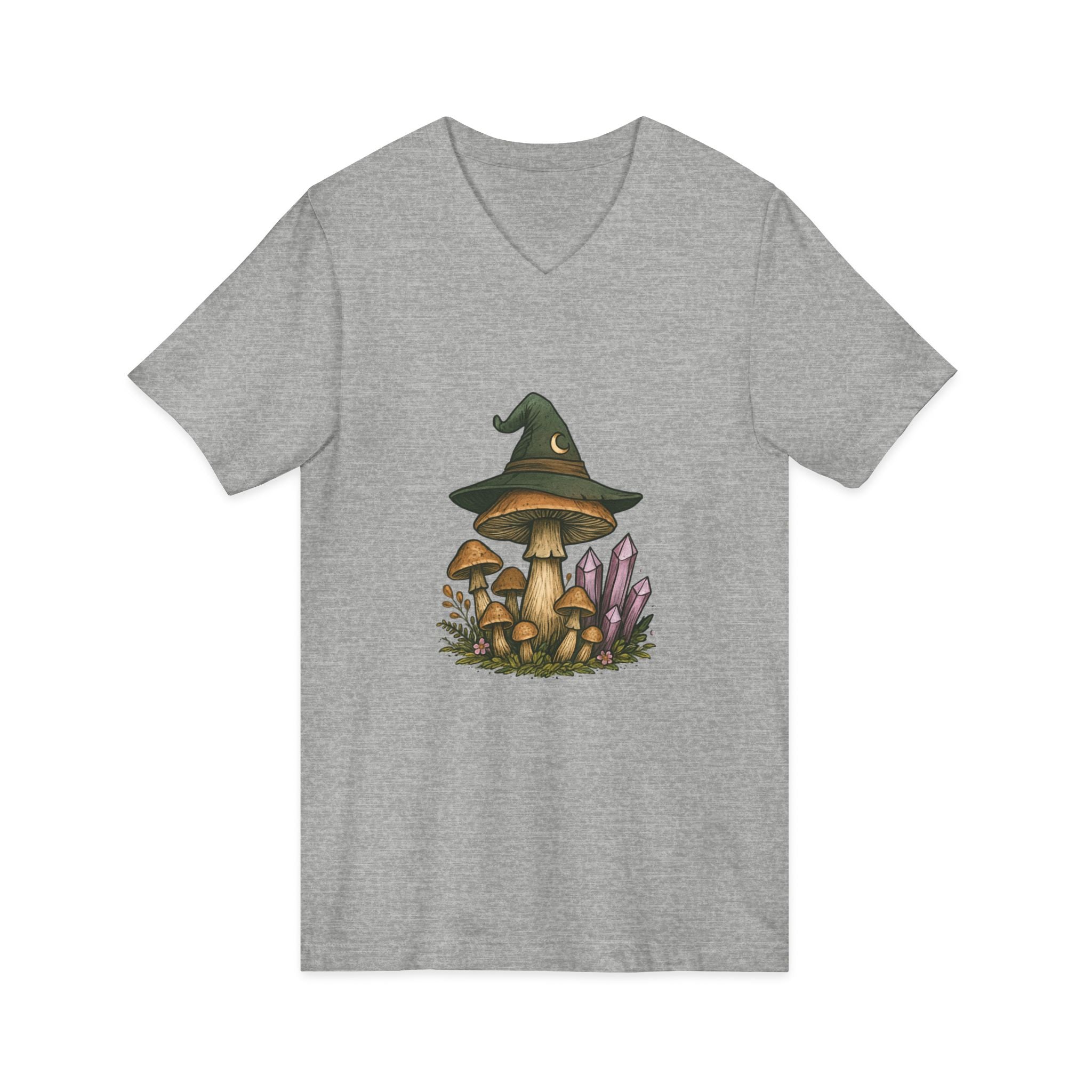 Mystical Mushroom Hat V-Neck Tee | Quirky Nature Shirt, Gifts for Nature Lovers, Eco-Friendly Fashion, Casual Everyday Wear, Boho Style Top