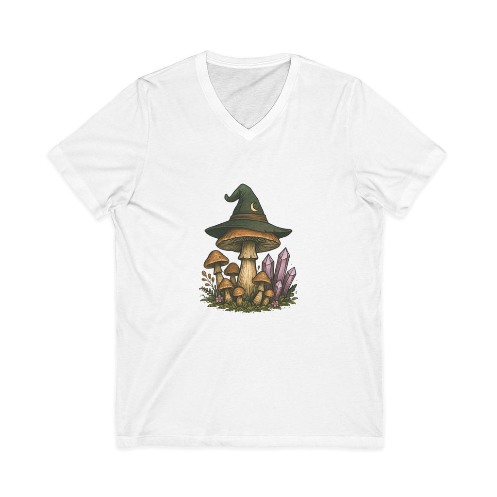 Mystical Mushroom Hat V-Neck Tee | Quirky Nature Shirt, Gifts for Nature Lovers, Eco-Friendly Fashion, Casual Everyday Wear, Boho Style Top