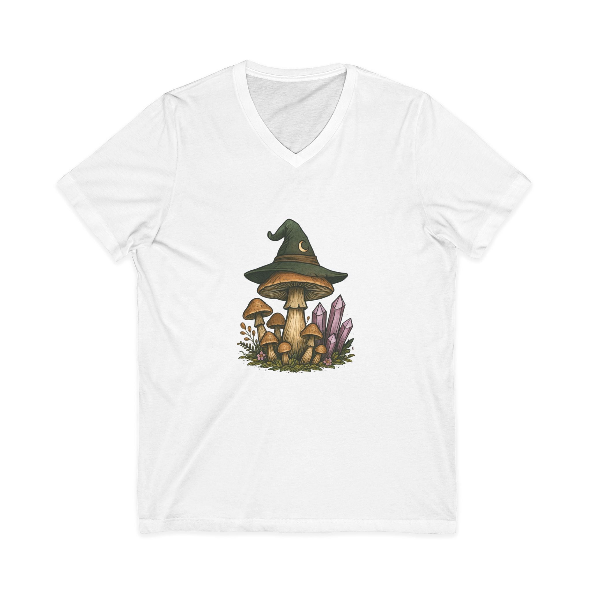 Mystical Mushroom Hat V-Neck Tee | Quirky Nature Shirt, Gifts for Nature Lovers, Eco-Friendly Fashion, Casual Everyday Wear, Boho Style Top