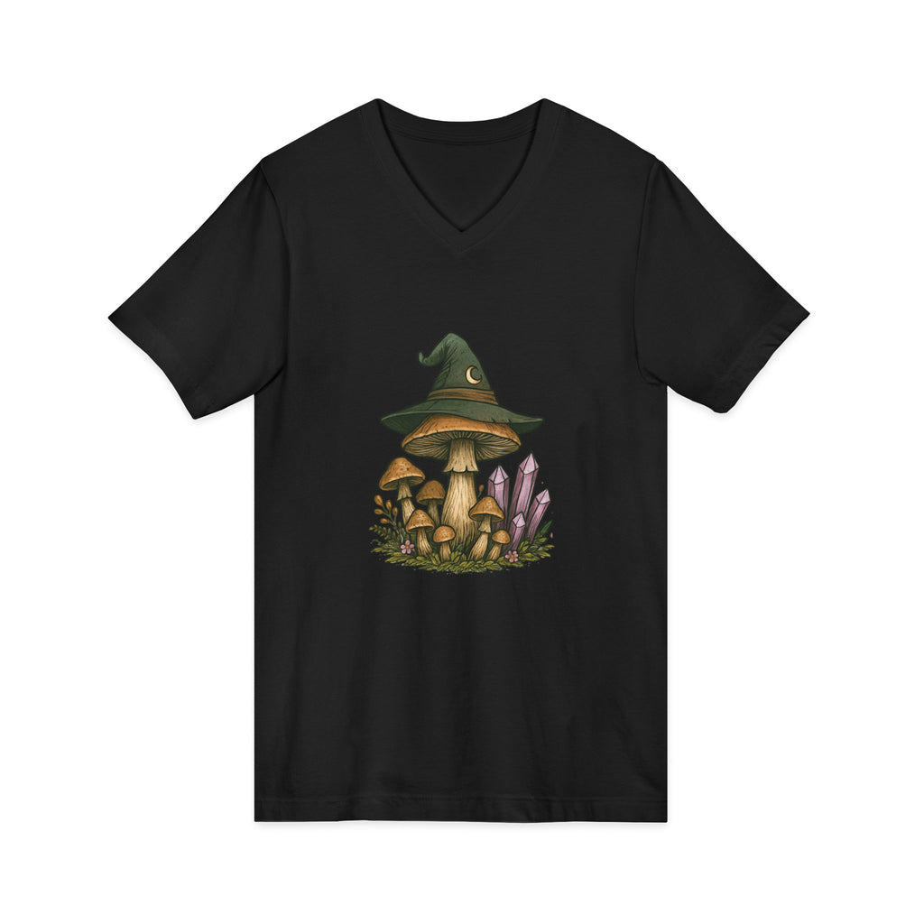 Mystical Mushroom Hat V-Neck Tee | Quirky Nature Shirt, Gifts for Nature Lovers, Eco-Friendly Fashion, Casual Everyday Wear, Boho Style Top