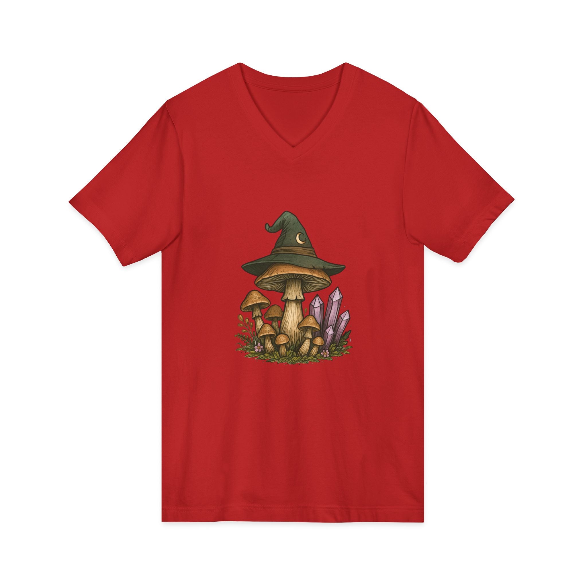 Mystical Mushroom Hat V-Neck Tee | Quirky Nature Shirt, Gifts for Nature Lovers, Eco-Friendly Fashion, Casual Everyday Wear, Boho Style Top