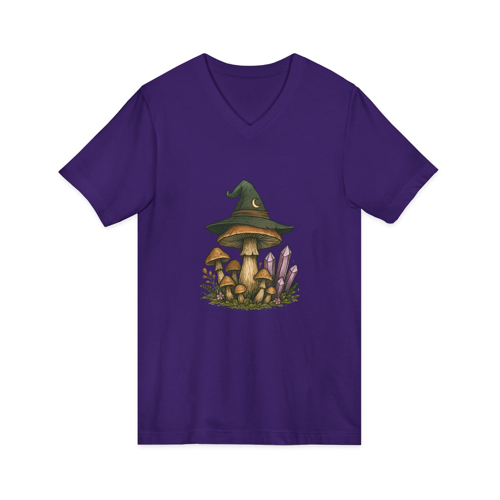 Mystical Mushroom Hat V-Neck Tee | Quirky Nature Shirt, Gifts for Nature Lovers, Eco-Friendly Fashion, Casual Everyday Wear, Boho Style Top