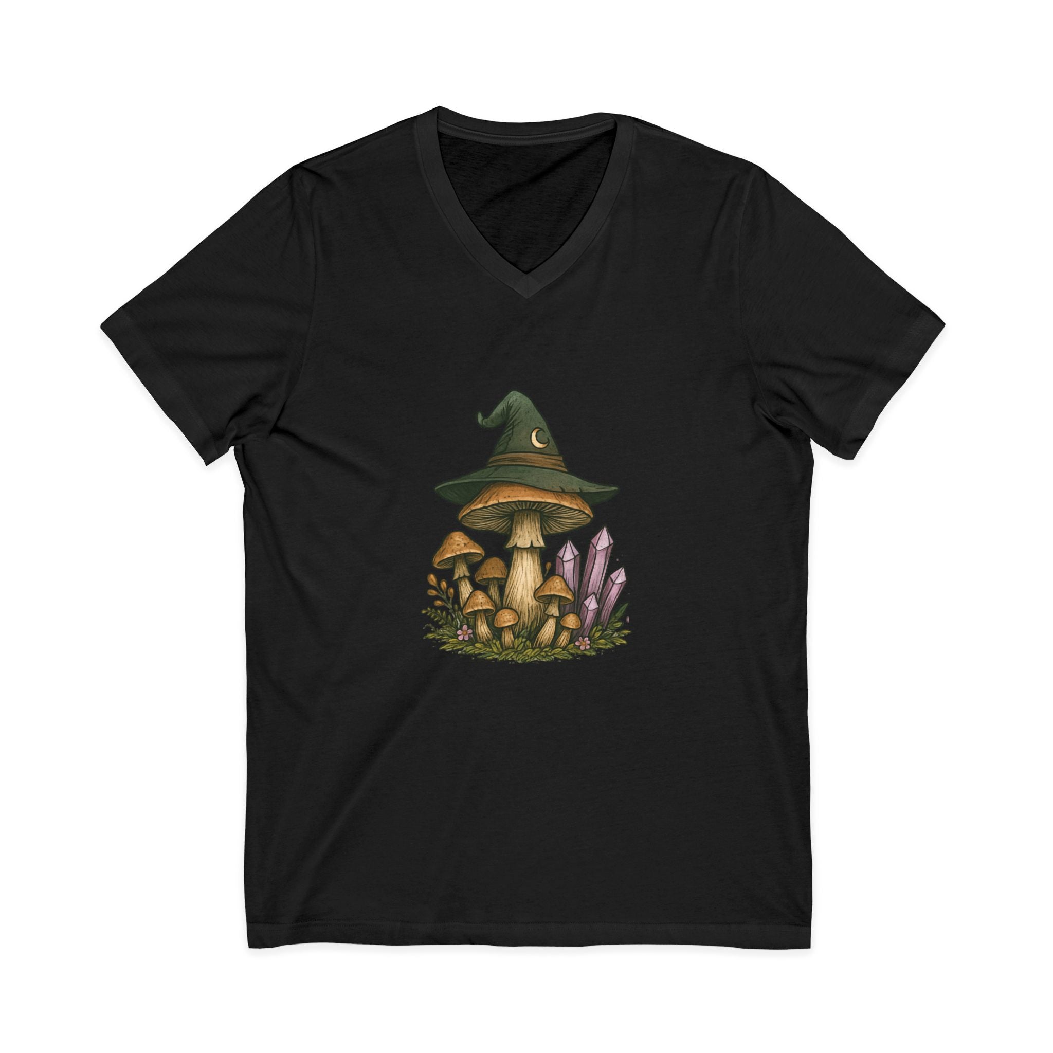 Mystical Mushroom Hat V-Neck Tee | Quirky Nature Shirt, Gifts for Nature Lovers, Eco-Friendly Fashion, Casual Everyday Wear, Boho Style Top