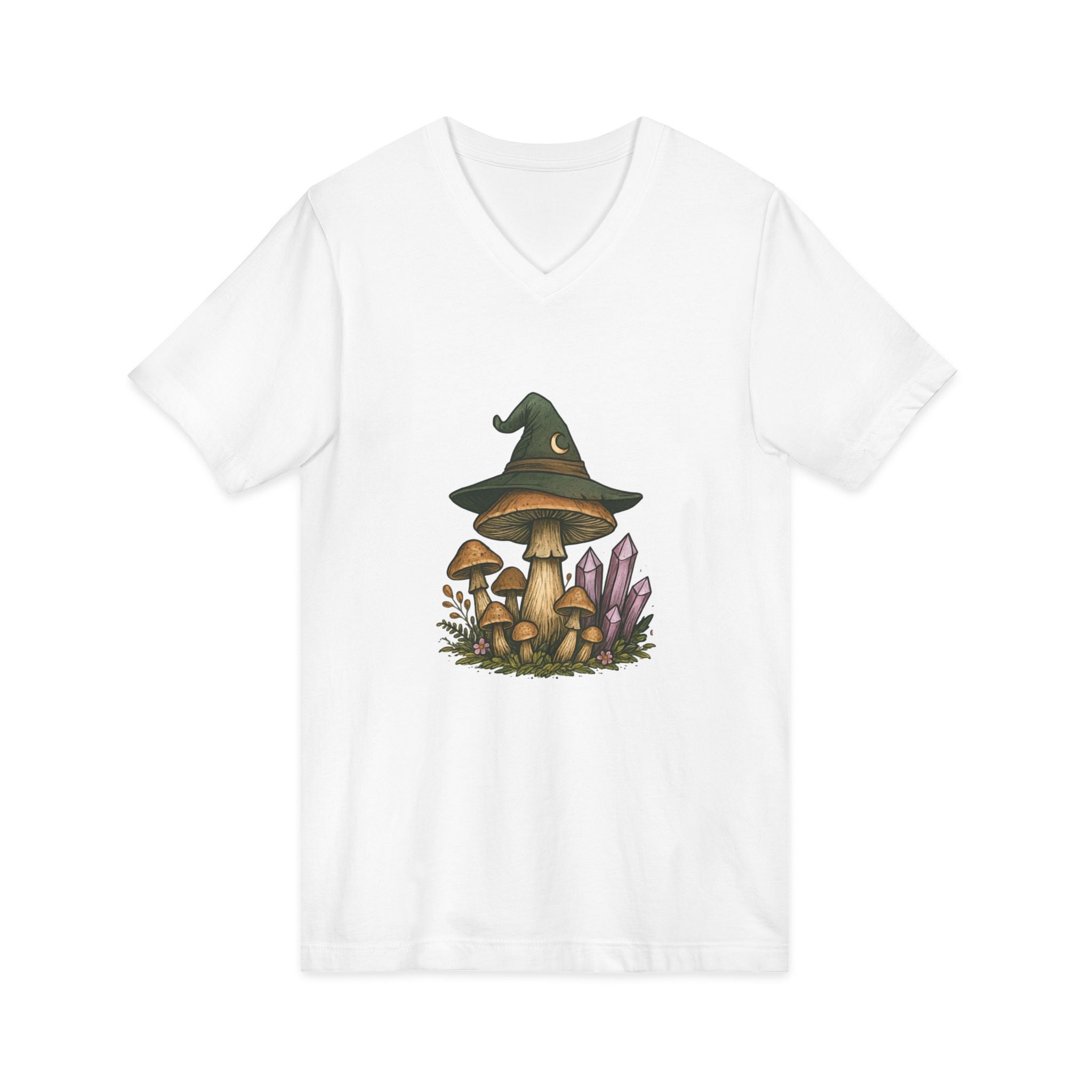 Mystical Mushroom Hat V-Neck Tee | Quirky Nature Shirt, Gifts for Nature Lovers, Eco-Friendly Fashion, Casual Everyday Wear, Boho Style Top