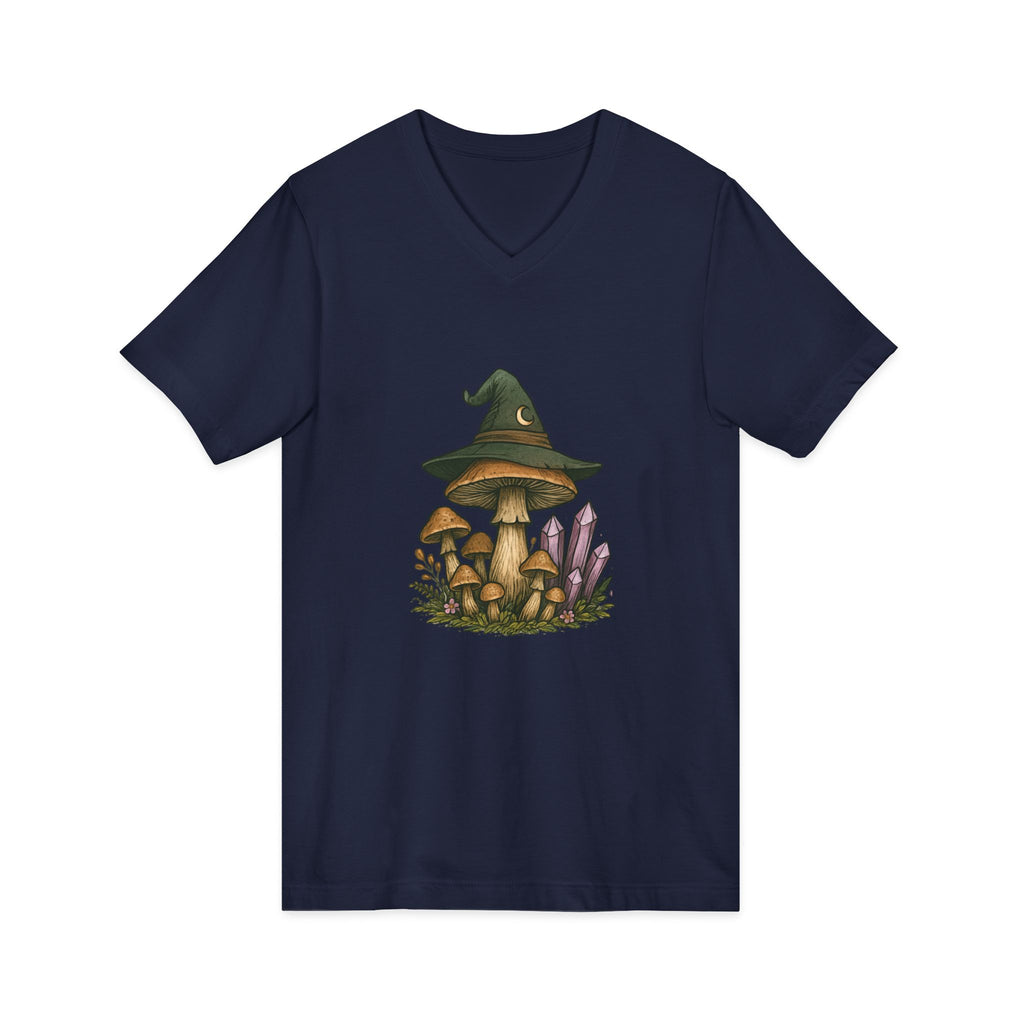 Mystical Mushroom Hat V-Neck Tee | Quirky Nature Shirt, Gifts for Nature Lovers, Eco-Friendly Fashion, Casual Everyday Wear, Boho Style Top