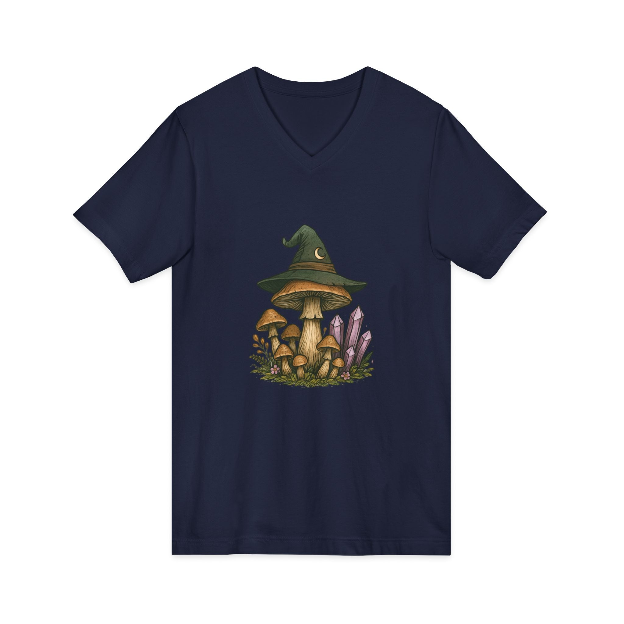 Mystical Mushroom Hat V-Neck Tee | Quirky Nature Shirt, Gifts for Nature Lovers, Eco-Friendly Fashion, Casual Everyday Wear, Boho Style Top