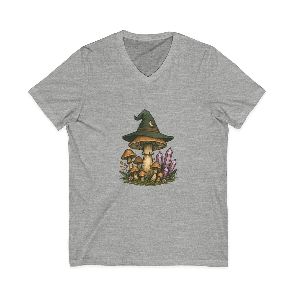 Mystical Mushroom Hat V-Neck Tee | Quirky Nature Shirt, Gifts for Nature Lovers, Eco-Friendly Fashion, Casual Everyday Wear, Boho Style Top