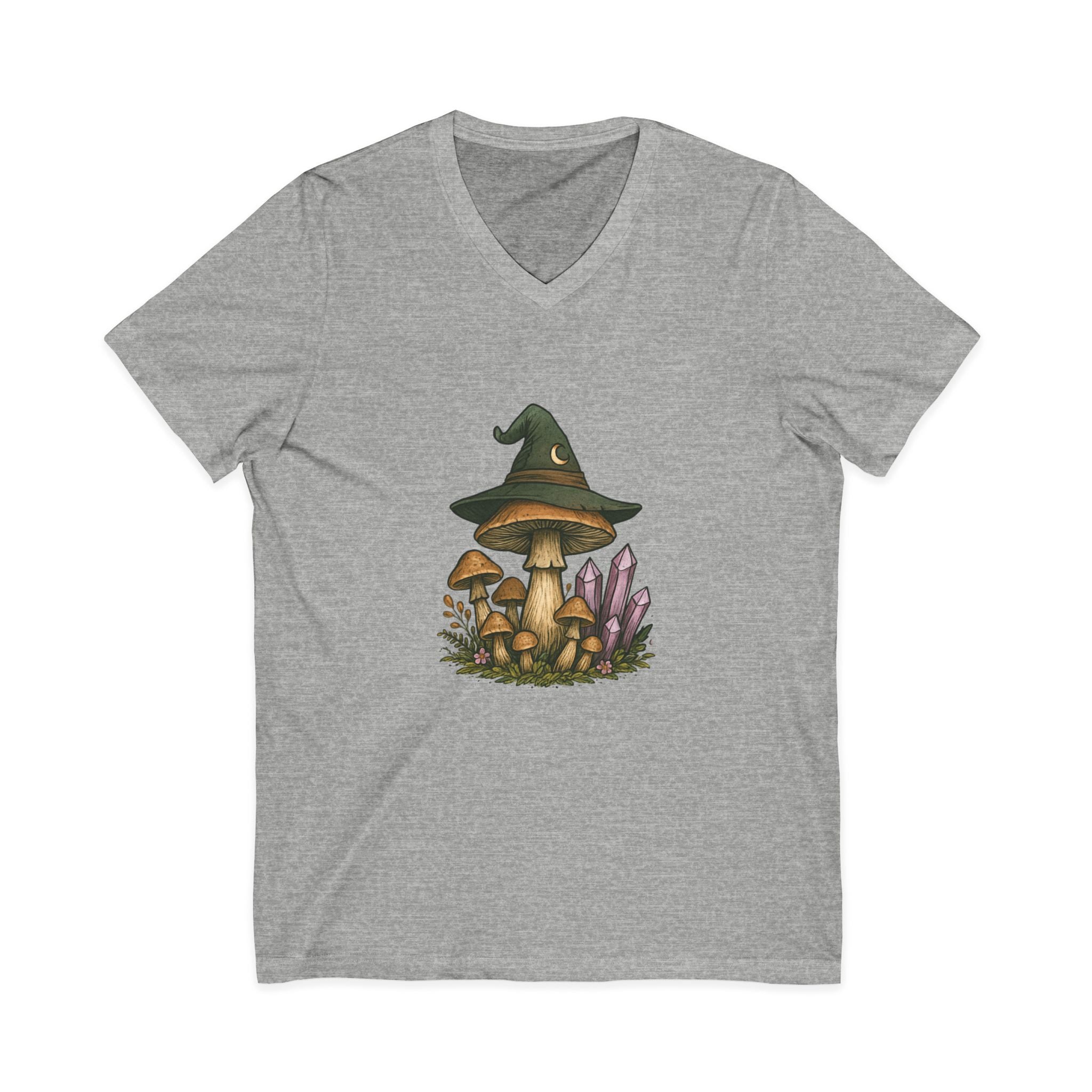 Mystical Mushroom Hat V-Neck Tee | Quirky Nature Shirt, Gifts for Nature Lovers, Eco-Friendly Fashion, Casual Everyday Wear, Boho Style Top