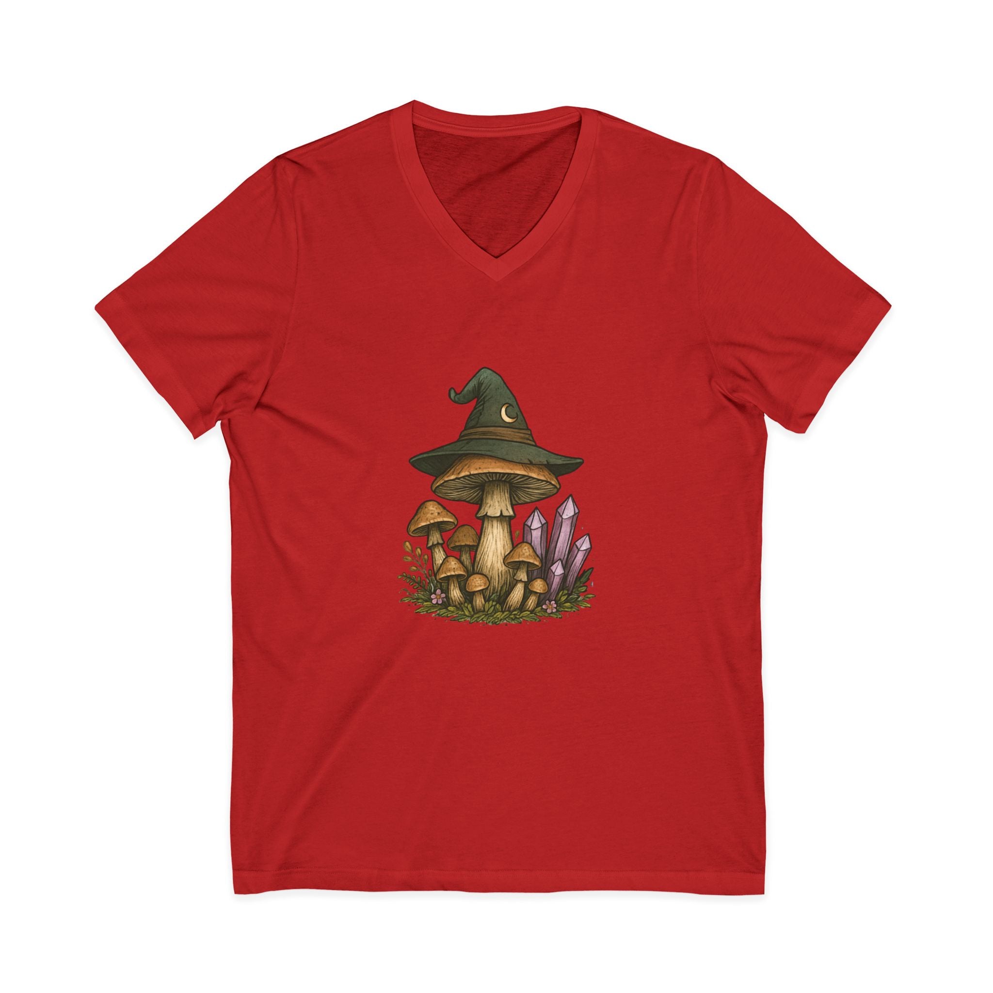 Mystical Mushroom Hat V-Neck Tee | Quirky Nature Shirt, Gifts for Nature Lovers, Eco-Friendly Fashion, Casual Everyday Wear, Boho Style Top